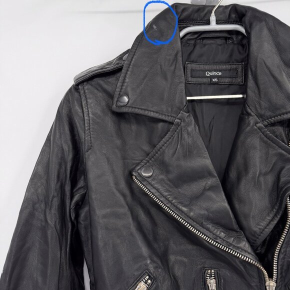 Quince Women's Black Leather Motorcycle Jacket size XS Sheep Leather Belted - Picture 5 of 11